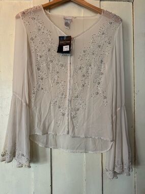 Newport News Cream Beaded Embroidered Bell-Sleeve Blouse